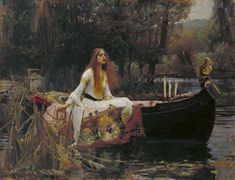 a painting of a woman sitting on top of a boat in the water next to grass