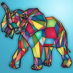 an elephant made up of multicolored squares on a blue background