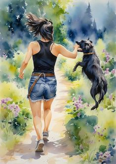 a painting of a woman walking down a path with a dog on her back,