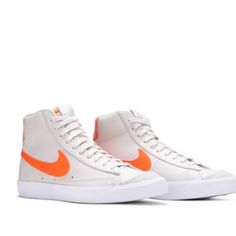 In Box And Unworn: 100% New And Authentic. I Got Them As A Gift And Had Ordered Myself A Pair So I’m Selling The Extra Pair That’s Never Been Taken Out Of The Box. They’re A Light Bone Or Cream Color With Orange Swoosh. They’re A Woman’s 11 Blazer Mids, Shoes Nike Blazer, Orange Blazer, Simple Shoes, Orange Shoes, Usa Outfit, Nike Blazer, White Blazer