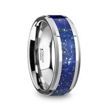 a wedding band with blue and white stars inlaying the center, on an 18k white gold plated ring