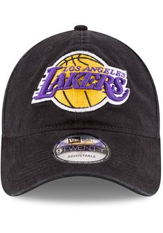 This Los Angeles Lakers Black Adjustable Hat features a front embroidered team logo on a lightly-structured cotton crown, with pre-curved visor and adjustable backstrap. Team logo embroidered on the front, Cloth Strap Closure to dial in the perfect fit, Relaxed, unstructured fit, Pre-curved bill, 100% cotton construction, New Era Flag logo on side, Dad hat, 100% Cotton, Washable, Imported Fan Gear Dad Hat With Embroidered Logo, Dad Hat With Embroidered Logo For Fan Gear, Embroidered Logo Dad Hat For Fan Gear, Throwback Curved Bill Adjustable Hats, Throwback Adjustable Curved Bill Hats, Throwback Adjustable Baseball Cap With Embroidered Logo, Adjustable Throwback Baseball Cap With Embroidered Logo, Adjustable Sports Dad Hat With Embroidered Logo, Cotton Hat With Team Logo For Sports Events