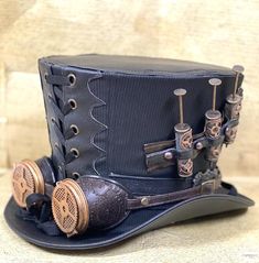 Custom Fitted Black Hat Bands, Custom Black Costume Hat, Custom Black High Crown Top Hat, Black Steampunk Hat For Costume Party, Steampunk Black Costume Hats And Headpieces For Festivals, Steampunk Black Costume Hat For Festivals, Custom Black Top Hat With High Crown, Vintage Black Top Hat For Costume Party, Black Steampunk Costume Hats And Headpieces