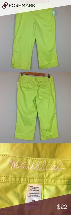 New Maurices Pants Womens Junior 3/4 Bright Green New with tags New Maurices Pants Womens Junior 3/4 Bright Green Cropped  Front & Back Pockets  98/2 Cotton/Spandex 15 inch across waist  22 inch inseam 8 inch rise   D17-24 Maurices Pants Capris Pants Womens, Bright Green, Cotton Spandex, Mens Short, Pants For Women, Spandex, Wardrobe, Tags, Best Deals