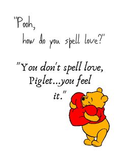 winnie the pooh holding a red heart in his arms with words written on it