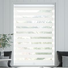 a living room filled with furniture and a window covered in blinds