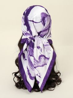 a woman's head with long hair wearing a purple and white scarf on top of her head