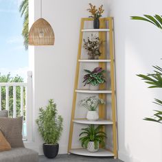 a tall wooden shelf with plants on it in a living room next to a couch