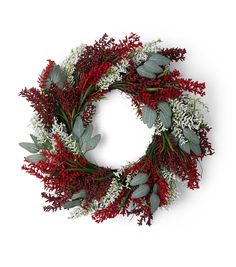 a red and white wreath with greenery on the front is displayed against a white background