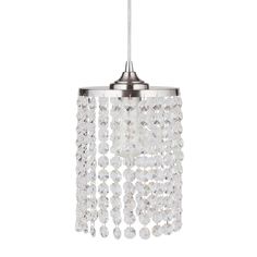 a chrome finish chandelier with crystal beads hanging from the ceiling, on an isolated white background