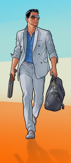 a man in a suit and sunglasses walking on the beach holding a bag with his hand