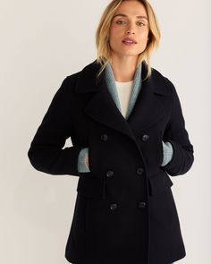 Peacoat Over Dress, Cheap Pea Coat For Workwear And Fall, Short Black Wool Coat Women, Short Wool Blend Coat, Affordable Long Sleeve Pea Coat For Winter, Womens Wool Coats Short, Short Wool Coat Black, Peacoats For Women Short, Black Pea Coat Outfit