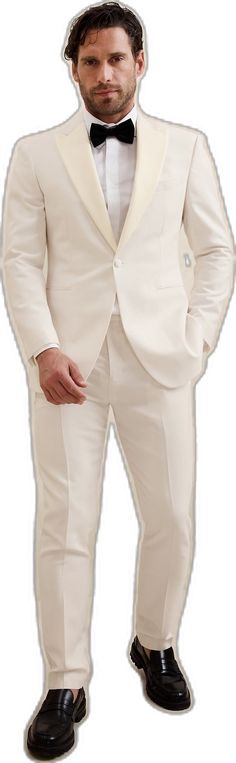 White Wool Suit For Work, Elegant White Slim Fit Three-piece Suit, White Slim Fit Elegant Three-piece Suit, Formal White Wool Blazer, Classic White Wool Suit, Classic White Wool Blazer, Elegant Groom's Suit With Welt Pockets, Elegant Beige Tuxedo With Notch Lapel, Elegant Beige Tuxedo For Formal Occasions