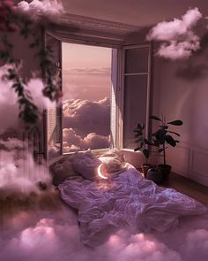 an image of a bed in the middle of some clouds with a window open to it