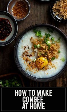 a bowl filled with rice and topped with an egg on the side, surrounded by other bowls