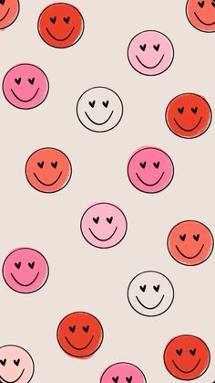 an image of many different colored smiley faces on a white background with black dots and hearts