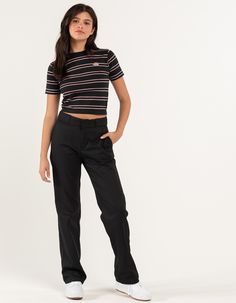 DICKIES Womens Work Pants - BLACK | Tillys Black Stretchy Pants Outfit, Styling Dickies Pants Women, Woman’s Dickies Outfits, Khaki Dickies Outfit Women, Womens Dickies Pants, Cargo Work Pants Women, Women's Work Pants, Dickies Women’s Outfits, Black Dickies Pants Outfits Women