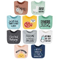 Help keep messes to a minimum with this 10 piece Hello Sunshine Terry bib set from The Peanutshell. Our assortment of fun and whimsical designs is the perfect multi-pack for feeding, teething and drooling babies. The Hello Sunshine collection features 10 witty sentiments in shades of teal, aqua, navy, green and yellow. The super soft cotton blend terrycloth is absorbent, machine washable and fade resistant. Easy to use hook and loop closure allows for quick changes and cleanup at a terrific valu Thoughtful Baby Shower Gifts, Girls Bib, Bib Set, Hello Sunshine, Gifts For New Parents, Baby Boy Or Girl, Baby Feeding, Burp Cloths