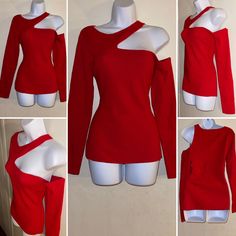 New With Tag Cutout Sweater Sweater Long Sleeves One Shoulder/Slight Chest Cutout Has Stretch Red Fitted Sweater For Party, Casual Red Sweater For Party, Sweater With Cutouts, Red Long Sleeve Party Sweater, Red Cutout Top, Sweater With Chest Cutout, Black Cutout Sweater, Cut Out Sweater, Reversible Sweater