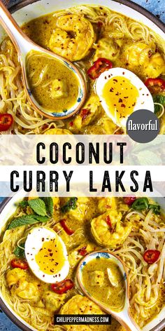 coconut curry laksa in a white bowl with spoons on the side and text overlay