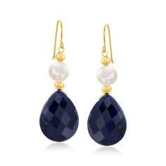 Ross-Simons - 20.00ct t.w. Sapphire, Cultured Pearl Earrings in 14kt Yellow Gold. Three traditional treasures come together in a classy pair of earrings: 20.00 ct. t.w. faceted, pear-shaped sapphire, 6-7mm cultured freshwater pearls, and 14kt yellow gold beads. Hanging length is 1 3/8". Earwire, 14kt yellow gold earrings. Pearl birthstones are the perfect gift for June birthdays. Elegant 14k Gold Gemstone Earrings, Elegant 14k Gold Earrings With Gemstones, Classic Dangle Earrings With High Luster, Fine Jewelry With Ear Wire For Formal Occasions, Elegant Formal Jewelry With Ear Wire, Fine Jewelry Briolette Earrings For Evening, Briolette Fine Jewelry Earrings, Elegant Pierced Briolette Earrings, Elegant High Luster Dangle Earrings