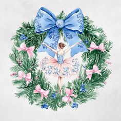 a watercolor painting of a ballerina surrounded by greenery and pink flowers with a blue bow