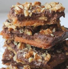 chocolate and nuts are stacked on top of each other