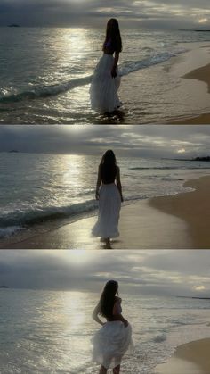 the woman is standing in the water at the beach and she is wearing a white dress