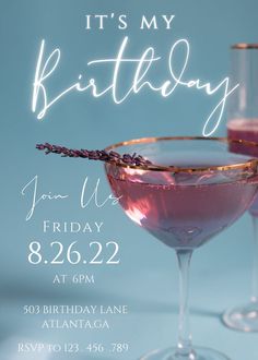 a birthday party flyer with two glasses of wine