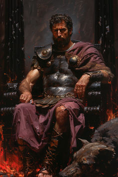 a painting of a man in armor sitting on a chair next to a dog and fire