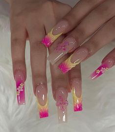 Cute Nails Square, Square Nails French Tip, Pastel Nails Summer, Square Nails French, Summer Nails Pink, Lux Nails, Nails Pastel, Custom Nails, Nails Yellow