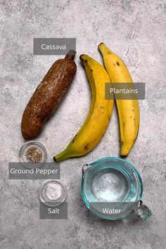 the ingredients to make banana bread are displayed on a gray surface with white text below