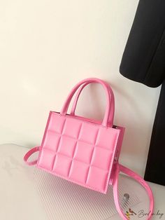 BirdinBag - Trendy Womens Mini Quilted Square Bag - Double Handle Purse Pink Square Box Bag For Shopping, Pink Square Box Bag, Pink Square Shoulder Bag, Pink Square Shoulder Bag For Errands, Pink Square Box Bag With Handles, Pink Square Shoulder Bag With Detachable Handle, Pink Square Bag With Handles, Mini Quilt, Bag Bag