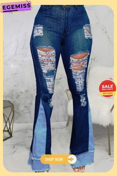 Blue Street Ripped Patchwork High Waist Denim Jeans Non-stretch Dark Wash Patchwork Jeans, Blue Stretch Jeans With Patchwork, Blue Stretch Patchwork Jeans, Mid-rise Blue Patchwork Flare Jeans, Ripped Blue Flare Jeans For Fall, Blue Mid-rise Patchwork Flare Jeans, Blue Ripped Flare Jeans For Fall, Non-stretch Distressed Blue Pants, Spring Blue Flare Jeans