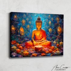 a painting of a buddha statue surrounded by candles