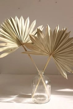 two paper fans in a glass vase on a table