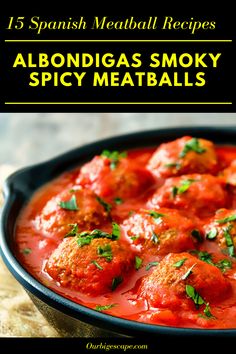 an image of meatballs and mediterranean sauce in a skillet with text overlay