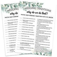 two wedding game cards with the words, wedding traditions and why do they do that?