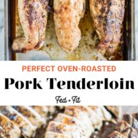 grilled pork tenderies in pan with text overlay