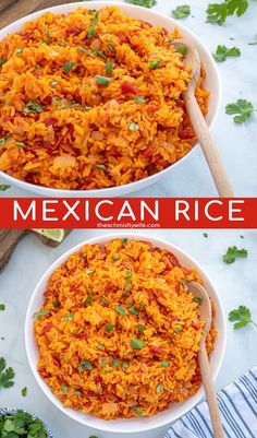 two bowls filled with mexican rice and garnished with cilantro on the side