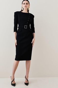 Structured Crepe Strong Shoulder Dress | Karen Millen Classic Half Sleeve Workwear Dresses, Fitted Dresses With 3/4 Sleeve, Chic Fitted Dress With 3/4 Sleeves, Belted Half Sleeve Midi Dress For Work, Elegant Belted Midi Dress With 3/4 Sleeves, Chic Belted Midi Dress With 3/4 Sleeves, Classic Work Dress With 3/4 Sleeves, Belted Fitted Office Lady Dresses, Classic Midi Dress With 3/4 Sleeves For Work