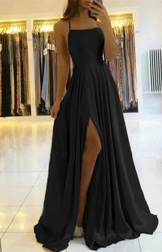 Spaghetti-Straps Prom Dress With Slit PD0178 Award Ceremony Outfit, Gaun Koktail, Navy Blue Prom Dress, Evening Wear Dresses, Gaun Fashion, 파티 드레스, Satin Evening Dresses, Girls Formal Dresses