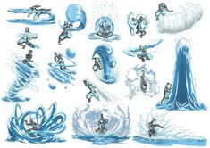 an image of various water sports scenes in blue and white colors on a white background