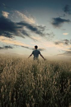 a man standing in the middle of a wheat field