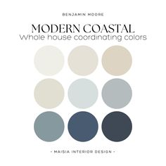 the modern coastal color scheme is shown in shades of blue, white and grey with text that