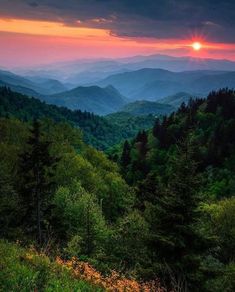 the sun is setting over mountains and trees in the foreground, as seen from an overlook