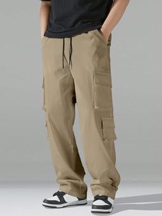 Men's Drawstring Waist Cargo Pocket Straight Loose Casual Pants Camel Street   Fabric Plain Wide Leg Non-Stretch All Men Clothing, size features are:Bust: ,Length: ,Sleeve Length: Cargo Pants Baggy, Camel Style, Bow Shorts, Cargo Pocket, Elegant Dresses Long, Embroidered Shorts, Men Clothing, Kids Sleepwear, Newest Trends