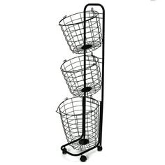 three baskets are stacked on top of each other in a metal stand with wheels and black handles