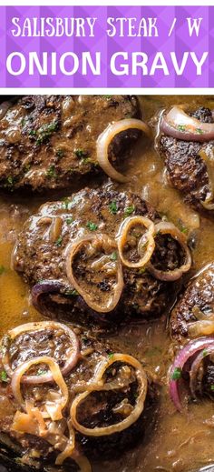 steak with onion gravy and onions in a skillet on a purple background