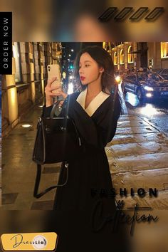 Spring Autumn Elegant Black Dress Women Loose Casual Midi Dress Korean Fashion Lady Trench Dress Street Wear Clothes New Black Long Sleeve Midi Dress For Office, Black V-neck Midi Dress For Office, Street Wear Clothes, Black Dress Women, Casual Midi Dress, Elegant Black Dress, Trench Dress, Street Dress, Dress Korean